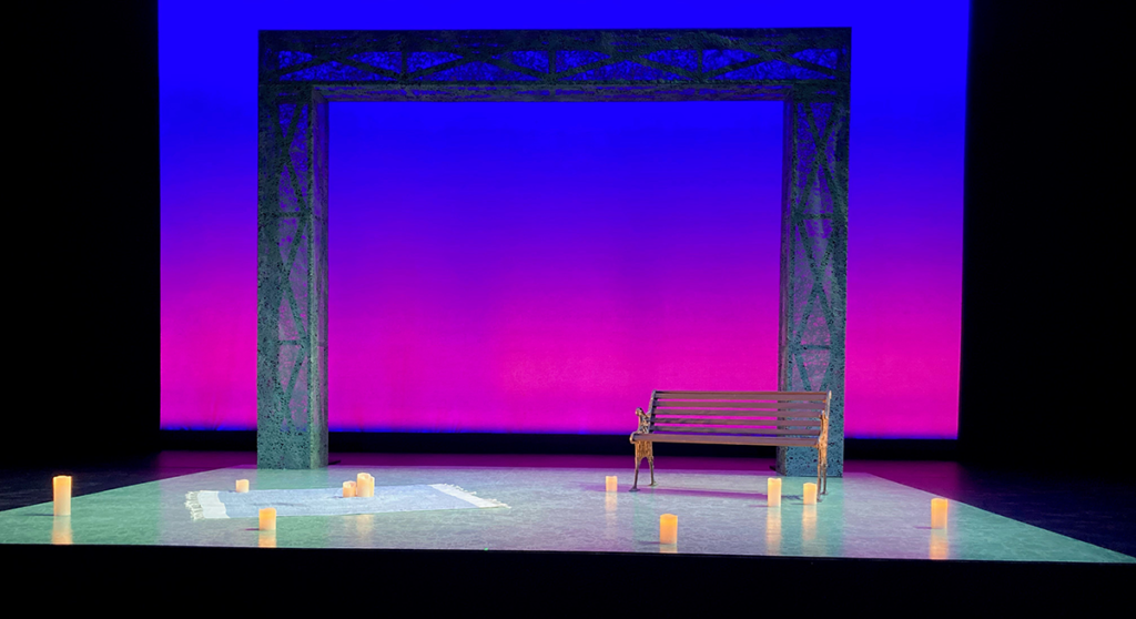 Setting Lighting Levels during an onstage rehearsal for Stealing Sam in the Martha Cohen Theatre. Set/Props Design by Hanne Loosen. Lighting Design by Scott Reid.